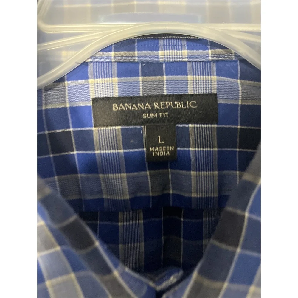 Banana Republic Shirt Men Large Blue Plaid Button Down Long Sleeve Slim Fit L‎